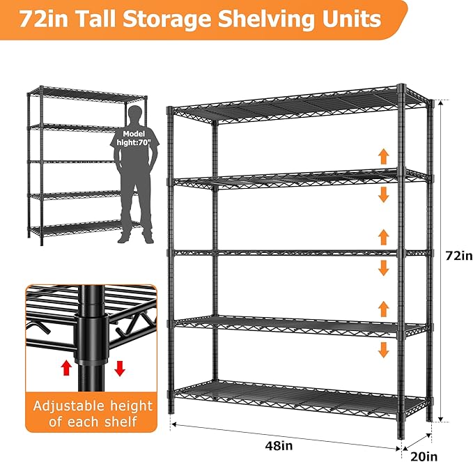 Storage Shelves Heavy Duty, 3 PCS 48" L x 20" W x 72" H Garage Wire Shelving Unit Loads 2000LBS, 5-Tier Adjustable Metal Industrial Utility Shelf Rack for Kitchen, Laundry Room, Warehouse, Basement