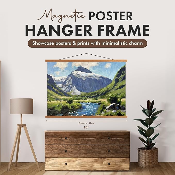 Travelization Magnetic Poster Hanger 18” Poster Frame with Strong Magnets, Complete Hanging Kit for Posters, Art, Maps, and More, Fits 18x18, 18x20, 18x24, and 18x30, Teak Wood