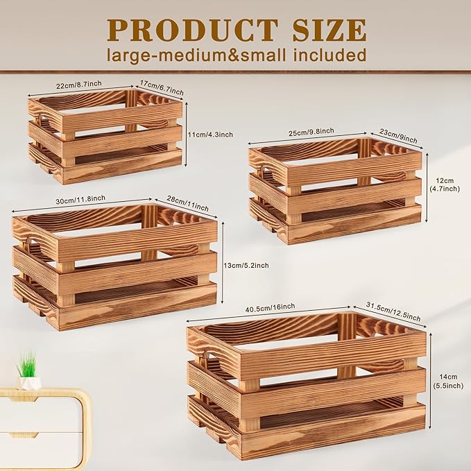 4 Pieces Decorative Wood Crates for Party Display, Large Rustic Farmhouse Wooden Nesting Storage Crates with Handles for Wedding Birthday Home Party Decoration