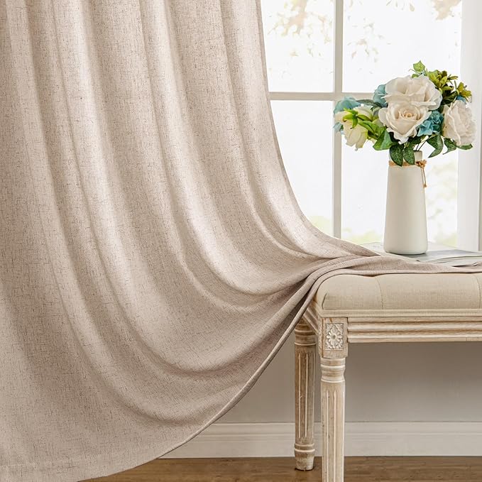 MIULEE Non-See-Through Privacy Linen Curtains 2 Panels, Light Filtering Window Curtains Farnhouse Textured Back Tab Semi Sheer Drapes for Bedroom Living Room, 52 x 84 Inches Long, Beige