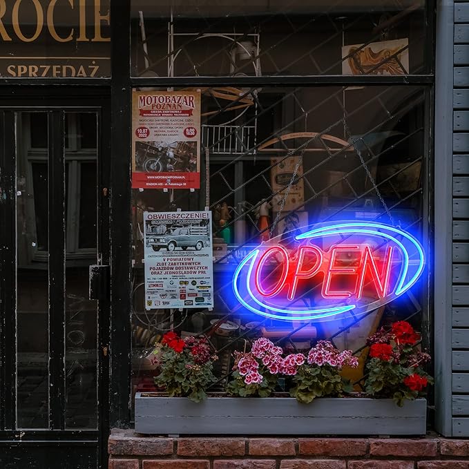 Open Signs for Business,Neon Open Sign Led,24"x 12",Remote Control Open/Closed Bussiness Hour Sign Set,Light for Bar Coffee Salon Store Window,12V/2A Adapter with ON/OFF Switch (Blue/Red Oval)