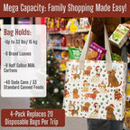 VENO 4 Pack Christmas Reusable Grocery Bags, Heavy-Duty Shopping Bags with Handles, for Shopping Cart with Hard Bottom to Stand Upright, Foldable (Holiday Pups, 4 Pack)