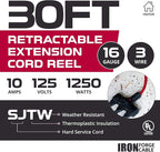 IRON FORGE CABLE 30Ft Retractable Extension Cord Reel with Breaker Switch & 3 Electrical Power Outlets - 16/3 SJTW Durable Red Cable - Perfect for Hanging from Your Garage Ceiling