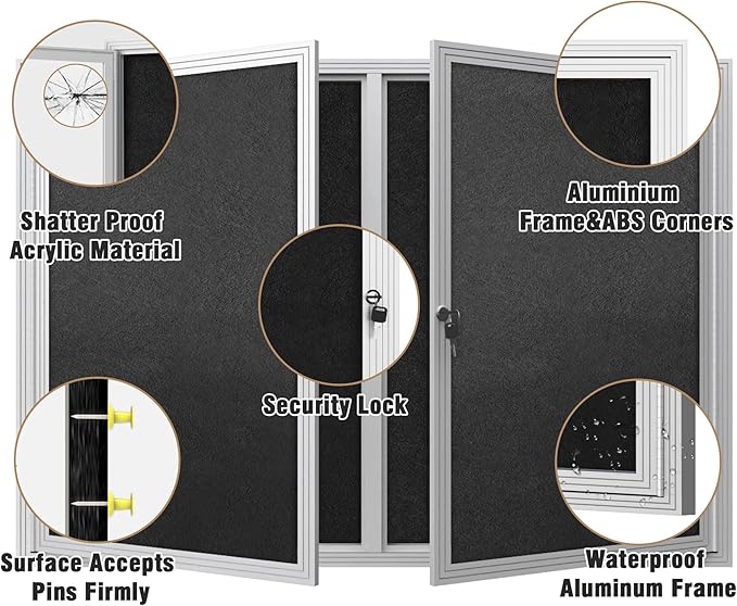 Mifuro 48"x34" Enclosed Bulletin Board, Outdoor Lockable Weather-Resistant Aluminum Cork Noticeboard for School & Office, Silver Frame w/Black Flet