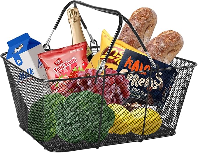 Set of 12 Shopping Baskets with Handles, Portable Black Metal Shopping Basket 15.7" x 12" x 7" Wire Mesh shopping Basket with Stand for Retail Stores Supermarket Grocery