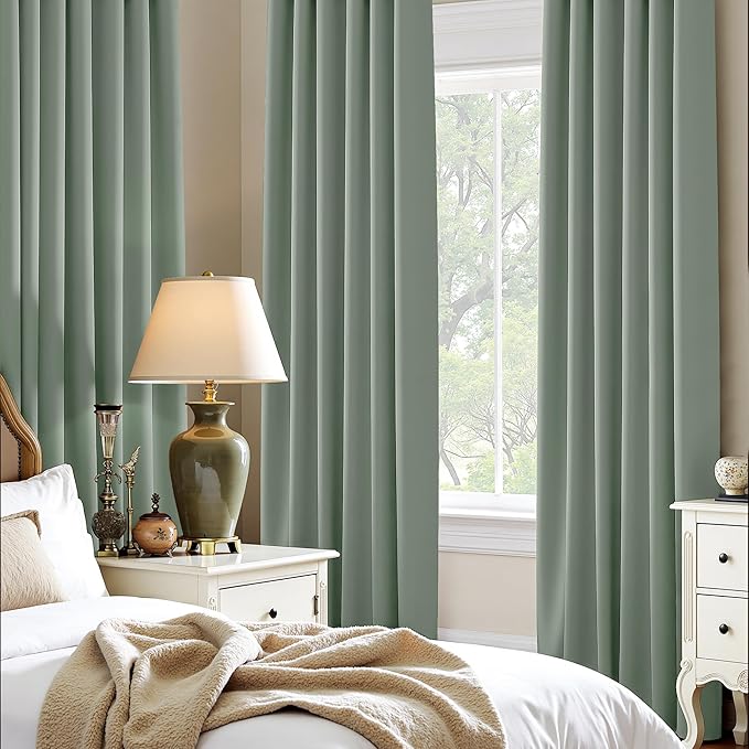PONY DANCE Short Black Out Curtains 48 inch Long for Small Window, Rod Pocket Privacy Bathroom Draperies,Thermal Insulated Lighting Blocking Drapes for RV(2 Panels Set,Sage Green, W42 x L48 inches)