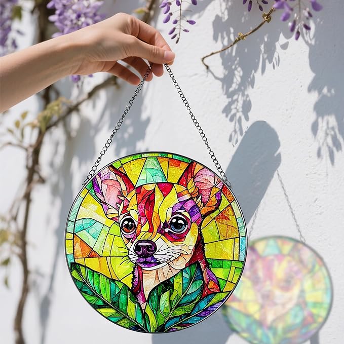 8″ Stained Glass Window Hanging Ornament, Vibrant Chihuahua Stained Glass Suncatcher Ornament, Sun-Catcher Window Decor | Gifts for Dog Lovers, Dog Lover Gift, Pet Lover Gift