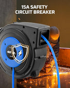 DEWENWILS Heavy Duty Cord Reel, 40FT Retractable Extension Power Cord, 12AWG/3C SJTOW, 3-Lighted Triple Outlets, 15A Circuit Breaker, Wall/Ceiling Mounted, Adjustable Stopper UL Listed, Blue