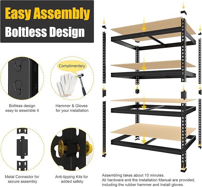 PrimeZone 40" W x 20" D x 59" H Heavy Duty Storage Shelves, 4 Tier Adjustable Garage Shelving Unit, Metal Organizer Shelf Utility Rack for Warehouse Pantry Closet Kitchen, Black, 4 Pack