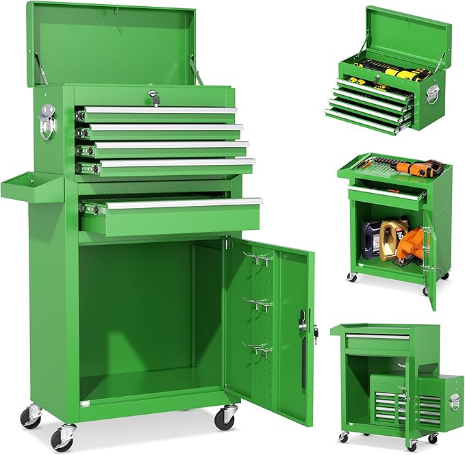 INTERGREAT Tool Chest Cabinet, 5-Drawer Rolling Tool Chest with Detachable Top Tool Box, Tool Chests with Universal Lockable Wheels, Metal Tool Cart for Garage, Workshop, Barbershop(Green)