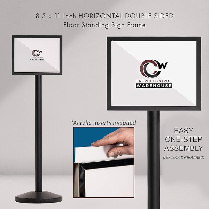 Crowd Control Warehouse Pedestal Standing Floor Sign Frame with Sloped Base, 8.5x11 Inch Horizontal, Satin Stainless Steel