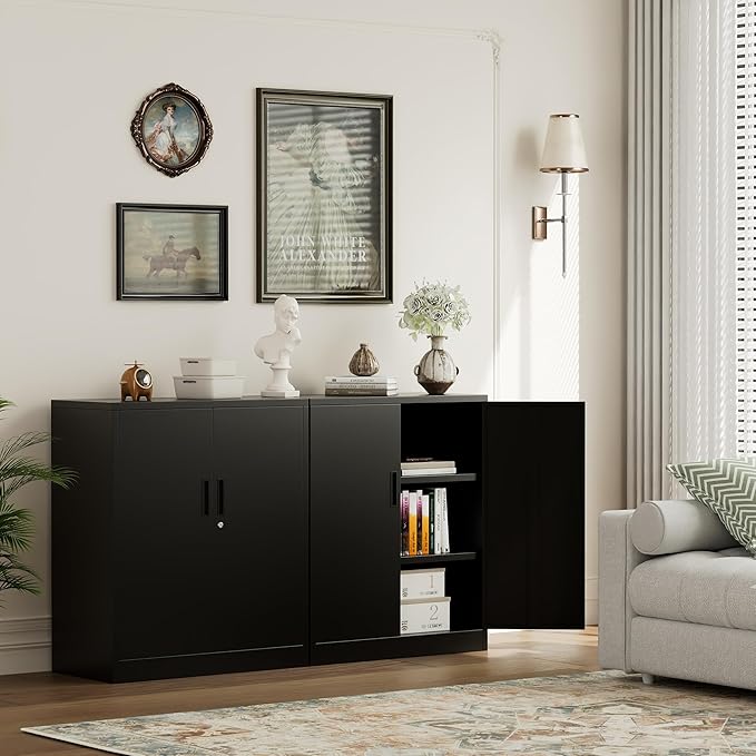 Metal Garage Storage Cabinets，Metal File Cabinet with 2 Adjustable Shelves, Lockable Storage Cabinets for Office, Home, Garage, Warehouse 36" H x 31.5" W x 15.7" D (Black)