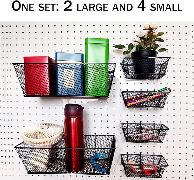 Pegboard Baskets Bins Set 6 Pack 2 Size Metal Pegboard Baskets Black Metal Wire Shelves Hooks for Organizing Various Tools Garage Workbench Kitchen Office Craft Room