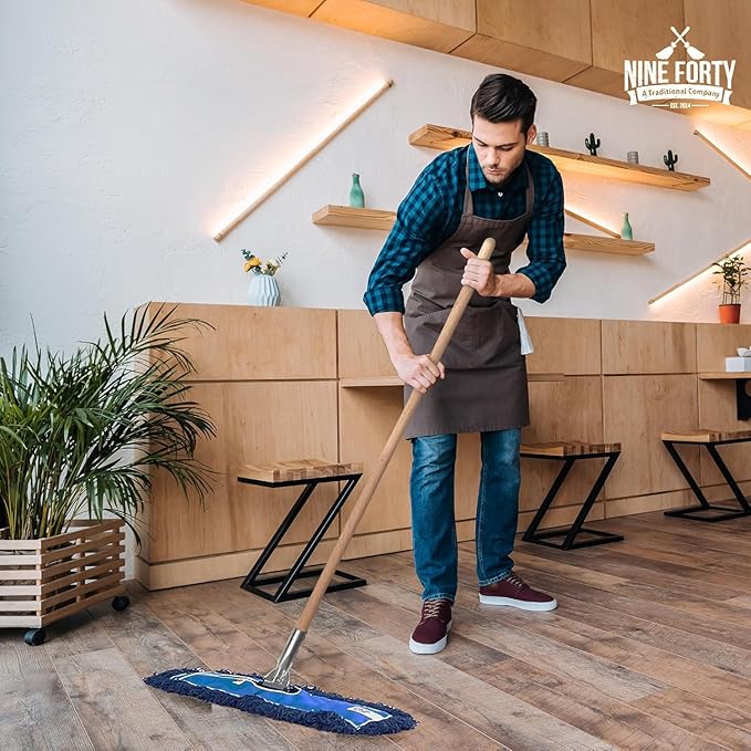 Nine Forty 48" Premium Nylon Dust Mop with Wood Handle - Heavy Duty Mop Head for Industrial, Commercial, and Residential Cleaning - Dry Floor Duster for Hardwood Surfaces and Commercial - Blue