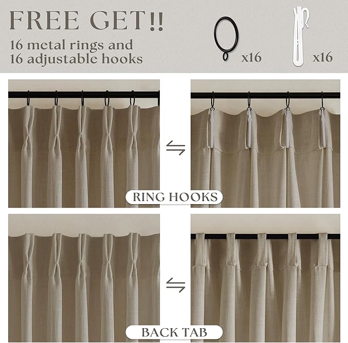 Pinch Pleated Linen Curtains 102 Inches Long 2 Panels Set for Living Room Bedroom Farmhouse Burlap Back Tab Pinch Pleat Drapes Ceiling Floor Window Curtains 102 Inch Length Gray Beige Tan Neutral