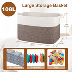 XXXL Supre Large Blanket Basket for Clothes, Towels, Pillows, 108L Cotton Rope Storage Basket for Living Room, Supre Large Woven Toy Storage for Kids, 25" x 16" x 16", Dark Brown and White