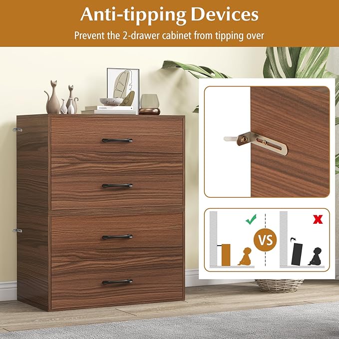 POWERSTONE 2 Drawers Storage Cabinets, Wooden Dresser Organizer, Under Desk Storage for Living Room, Bedroom, Home Office, Walnut
