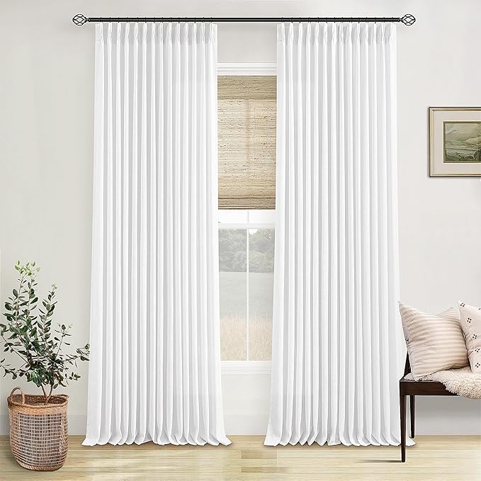 Custom Pinch Pleated 105 Inch Curtains 2 Panels Set for Windows White Linen Blend Curtains Pinch Pleat Back Tab Privacy Light Filtering Boho Drape with Hooks and Rings for Living Room Bedroom