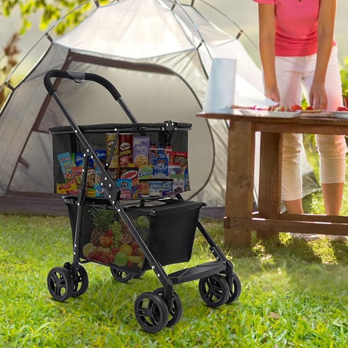 Foldable Shopping Cart, 110lbs Grocery Stroller with Removable Basket, Portable Personal Collapsible Cart with Wheels, Snack Storage Utility Cart for Supermarket Living Room Grocery