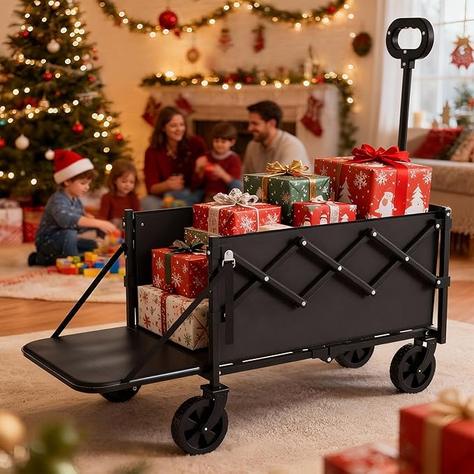 Collapsible Wagon with Wheels & Tailgate, 350LBS Wagons Carts Foldable Heavy Duty, Lightweight Portable Folding Utility Wagon Grocery Shopping Cart for Garden, Camping, Beach (Black)