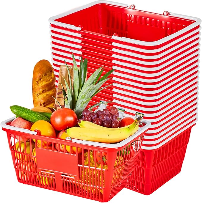 VEVOR Shopping Baskets, 20 PCS, 21L Stackable PE Plastic Grocery Baskets with Handles, Dense Mesh Structure, Holds up to 20 lbs, Portable for Grocery, Retail, Stores, Supermarket, Home Use, Red