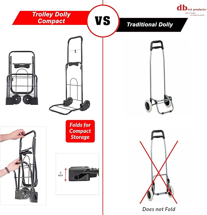 dbest Products Trolley Dolly Compact with Pockets – Foldable Grocery Cart on Wheels – Multi Use Rolling Cart with Removable Bag, Storage Pockets, and Hand Truck Dolly Function, Black