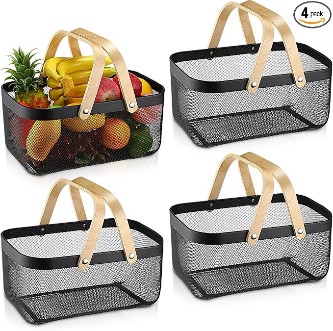 Sadnyy 4 Pcs Metal Wire Storage Basket with Handle Mesh Harvest Durable Vegetables Fruit Basket for Garden Organizing, Kitchen, Countertop, Closet, Bedroom (16 x 9.8 x 7.1 Inch,Black)