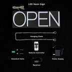 HiNeon Neon Open Sign 20inx7in LED Open Sign w/Remote Controller, Electric Light Up Open Sign for Business Store, w/Hanging Chain for Shop Windows, Direct Plug-In w/ 12V Power Adapter, Warm White