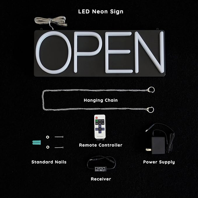 HiNeon Neon Open Sign 20inx7in LED Open Sign w/Remote Controller, Electric Light Up Open Sign for Business Store, w/Hanging Chain for Shop Windows, Direct Plug-In w/ 12V Power Adapter, Warm White
