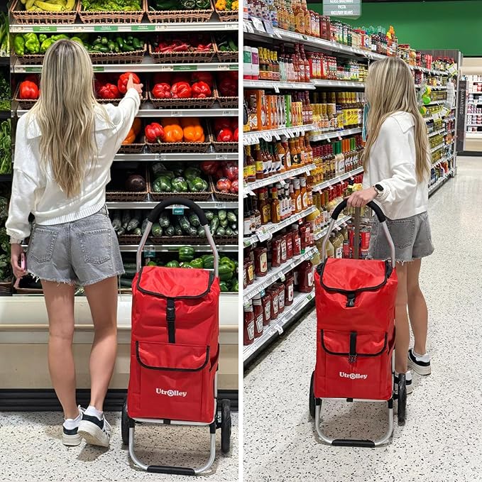 Ultra-Lightweight Red Foldable Shopping Cart for Groceries Large 42L Capacity Rubber Wheels, Removable Insulated Bag Liner, Durable Aluminum Frame, Multi-Function Personal Hand Truck