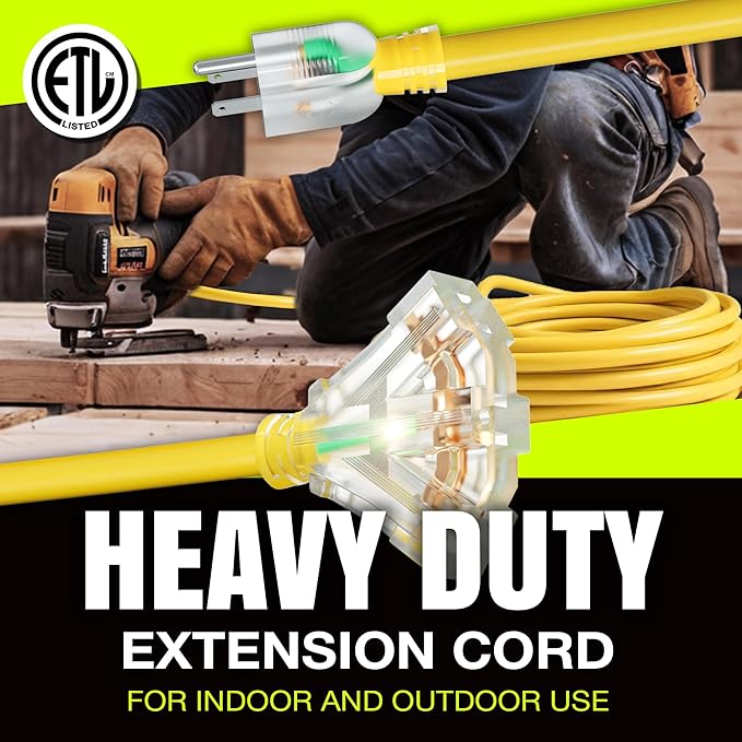 6ft Outdoor/Indoor Extension Cord 3-Outlet 12/3 Gauge Extra Heavy Duty ETL Listed, 3 Prong SJTW, Waterproof, Flexible Cold-Resistant Long Power Cord,15A 125V 1875W, Yellow by LifeSupplyUSA