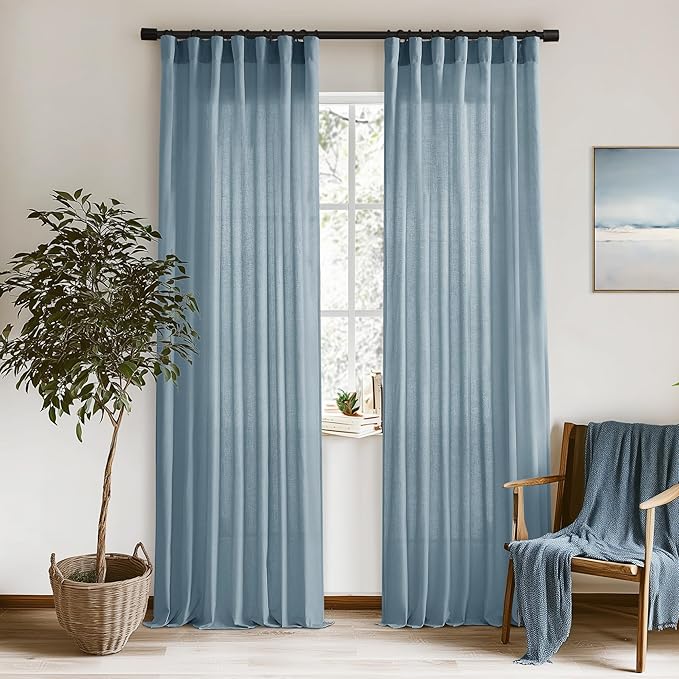 XTMYI Dusty Blue Curtains 96 Inches Long for Living Room,Light Filtering Country Vintage Hooks Pleated Back Tab Semi Sheer Linen Curtains for Bedroom 2 Panels Set,Stone Blue
