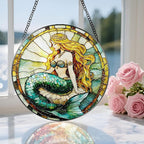 Stained Glass Window Hanging, 8 Inch Mermaid Suncatcher Stained Glass Ornament, Suncatchers for Windows Hanging, Sun Catchers Indoor Window, Mermaid Gifts, Gifts for Friends, Housewarming Gift
