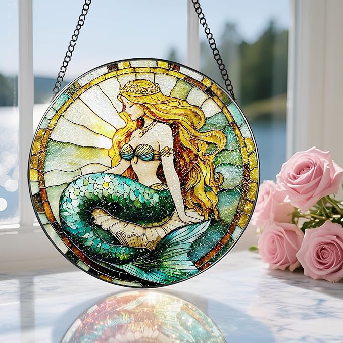 Stained Glass Window Hanging, 8 Inch Mermaid Suncatcher Stained Glass Ornament, Suncatchers for Windows Hanging, Sun Catchers Indoor Window, Mermaid Gifts, Gifts for Friends, Housewarming Gift