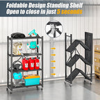 4-Tier Folding Metal Storage Shelf with Wheels, No Assembly Organizer Rack, Heavy Duty Collapsible Shelving Unit for Garage, Kitchen, Basement, Pantry, Living Room(New Upgrade - Black, 4 Tier)