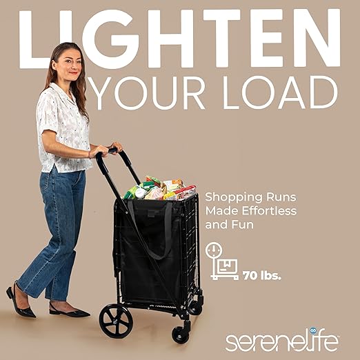 SereneLife Small Compact Folding Shopping Cart with Removable Waterproof Liner – 360° Swivel Wheels, Rust‑Proof Steel Frame, 70 lb Capacity – Portable Grocery, Laundry & Travel Cart (Black)