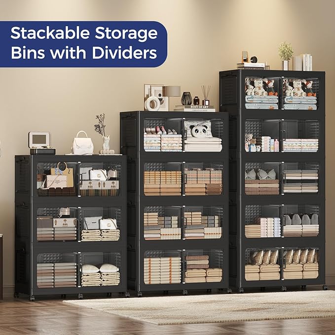 160GAL Extra Large Storage Bins with Lid, 640Qt Stackable Closet Organizers and Drawers, Collapsible Storage Bins with Wheels, Folding Containers for Home, Kitchen Office, 4Pack Black