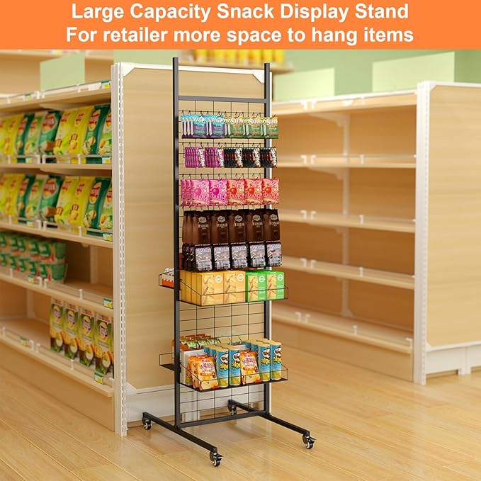 Retail Candy Display Rack, 70in Large Retail Display Shelf, Snack Rack Display Stand with Wheels and 50 Hooks, Removable Store Display Shelving Organizer Supermarket, Home, Kitchen
