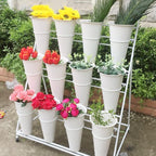 Flower Display Stand, 3 Layers Heavy Duty Moving Plant Cart Shelf With Wheels and Bucket, Wrought Iron Florist Shelf, for Patio Garden, Florist, Outdoor Flower Pop-Up Events (White Iron Frame)