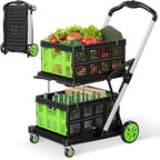 Collapsible Shopping Cart, 8-in-1 200LBS Multi Functional Utility Cart with 2 Storage Crate,Adjustable Handle Grocery Cart on Wheels for Shopping/Warehouse/Office/Supermarket -Green