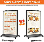 Heavy Duty Rolling Sidewalk Sign 24x36 Inch - Double-Sided Sandwich Board Poster Stand with Wheels, Slide-in Floor Standing Sign Holder Stand for Outdoor Business Advertising (Frame only)