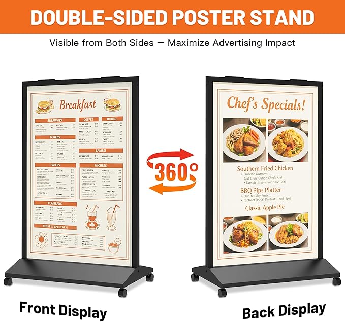 Heavy Duty Rolling Sidewalk Sign 24x36 Inch - Double-Sided Sandwich Board Poster Stand with Wheels, Slide-in Floor Standing Sign Holder Stand for Outdoor Business Advertising (Frame only)