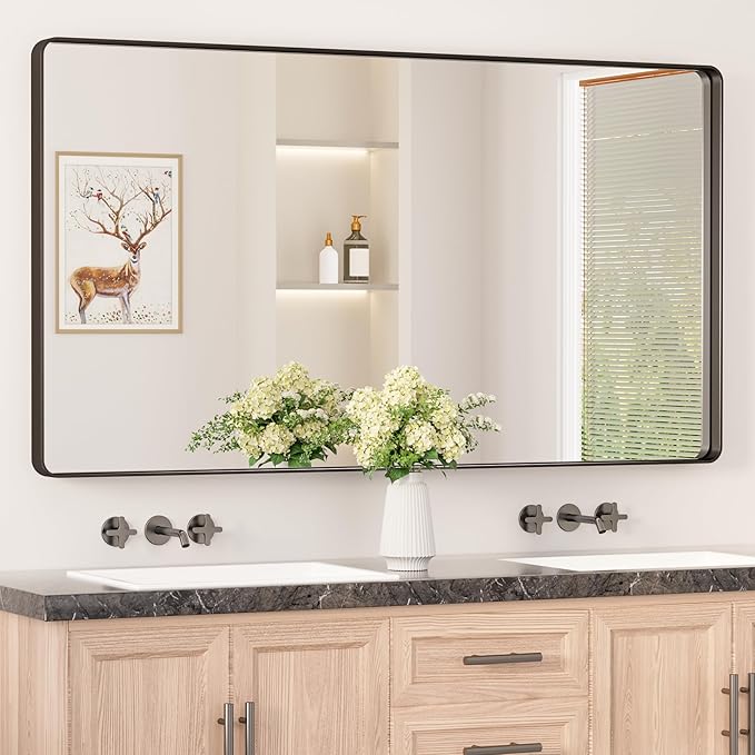 Keonjinn Black Bathroom Mirror - 55 x 30 Inch Large Metal Framed Wall Mirror, HD Tempered Glass, Modern Decorative Mirror (Horizontal/Vertical)