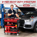 3 Tier Tool Cart on Wheels, Heavy Duty Metal Rolling with Drawers and Pegboards, 660 LBS Load Capacity Tool Storage Cart, Industrial Utility for Garage, Warehouse, Workshop