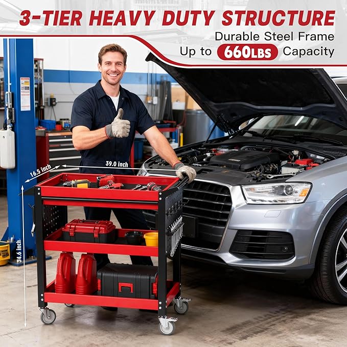 3 Tier Tool Cart on Wheels, Heavy Duty Metal Rolling with Drawers and Pegboards, 660 LBS Load Capacity Tool Storage Cart, Industrial Utility for Garage, Warehouse, Workshop