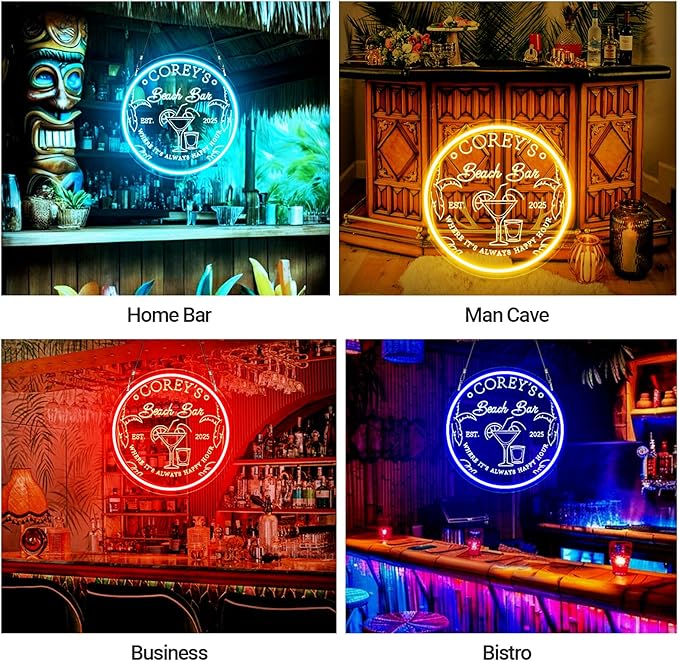 Custom Beach Bar Neon Sign for Wall Decor, Personalized LED Neon Home Bar Signs, Customized Neon Lights Cocktail Coconut Tree Signs for Man Cave Pub Tavern Bistro Lounge Pool Party Poolside Outdoor