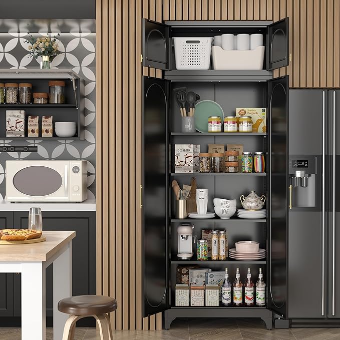 Metal Storage Cabinet and Wall Upper Storage Cabinet,90Inch White Kitchen Pantry Cabinets with 4 Adjustable Shelves,Tall Food Cupboards for Living Room, Dining Room Office