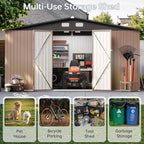 14x12 FT Outdoor Storage Shed, Utility Steel Tool Shed with Lockable Door and Air Vents, Galvanized Metal Shed for Garden Backyard Patio Lawn (14'x12', Brown)