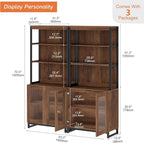 WAMPAT 2 PCS Modern 72" Tall Bookcases with Glass Doors and Adjustable Shelves, Library Book Shelf with Storage Cabinet and Open Book Shelfs, Wood Bookshelves for Home Office, Living Room, Brown