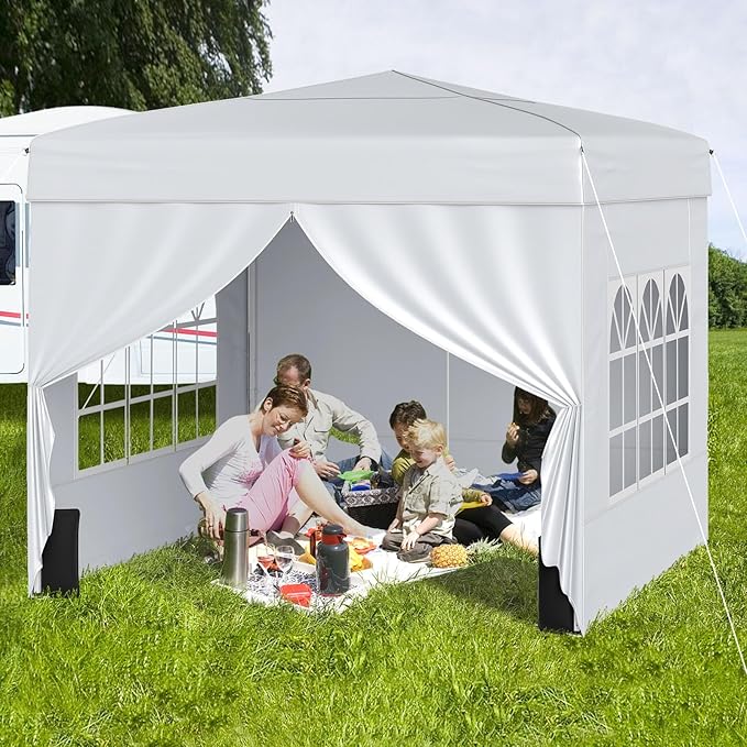 Tangkula 10x10 FT Pop Up Canopy, Outdoor Canopy Tent with 2 Removable Sidewalls & 2 Zippered Doors, Heavy-Duty Carbon Steel Frame, Wheeled Bag, 4 Sandbags, 8 Stakes, 4 Wind Ropes for Party Event